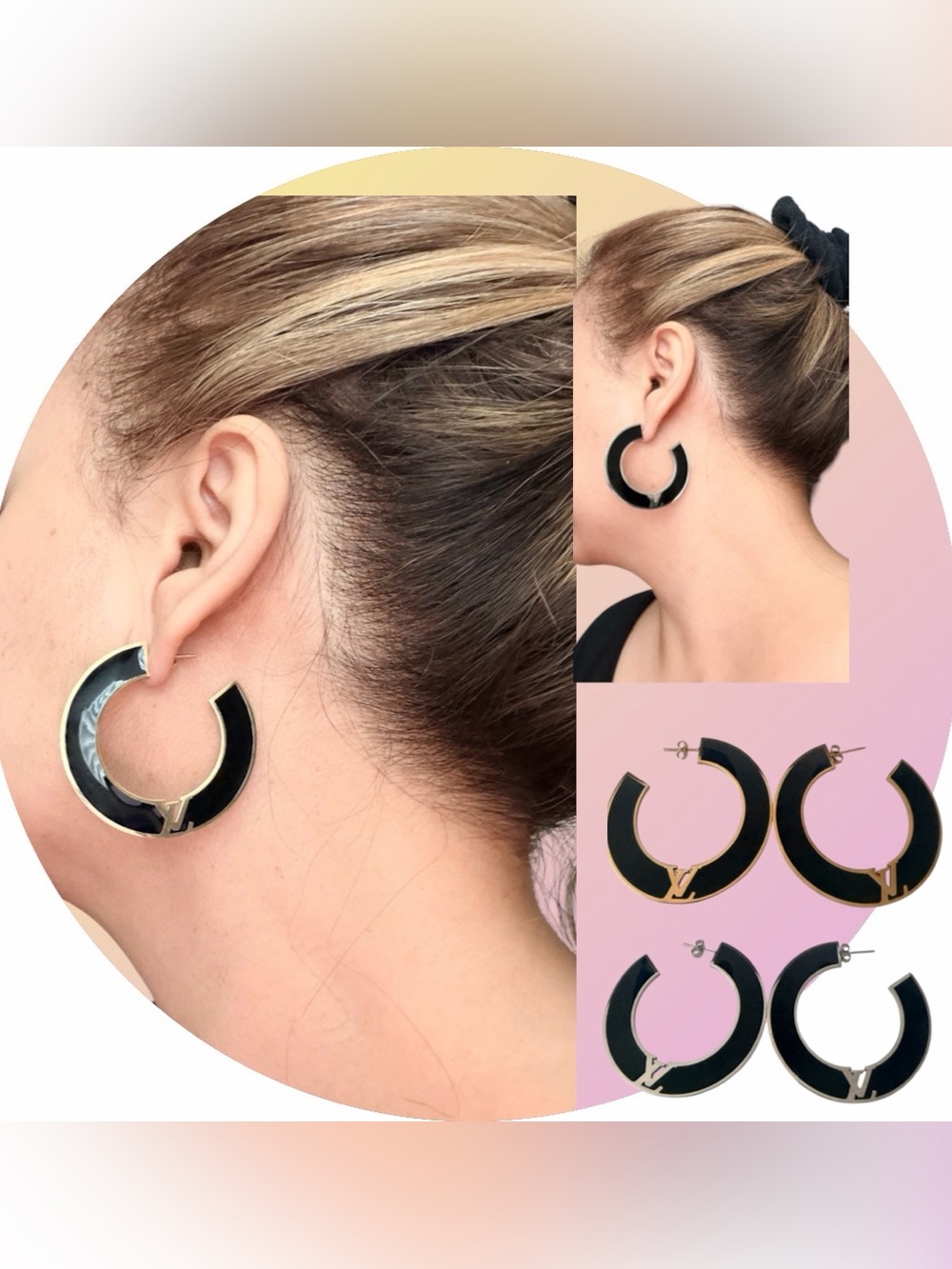 Black Hoop Earrings with Gold Accent - Designer Inspired